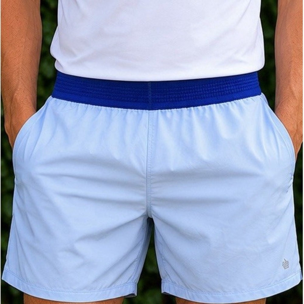Fabletics Men's Light Blue Athletic Shorts Size M Drawstring Navy Waistband